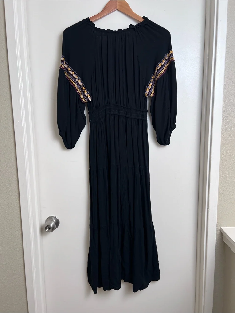 Angie Black Embroidered Boho Peasant Maxi Dress Tassel Tie Rayon Medium - Picture 8 of 8